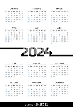 Vertikaler Taschenkalender für 2024 Jahr. Woche beginnt am Sonntag. Stock Vektor