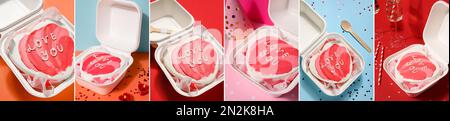 Collage mit köstlichem Bento-Kuchen für die Valentinstagsfeier auf farbigem Hintergrund Stockfoto