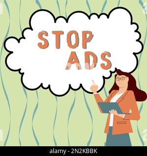 Text mit Inspiration Stop Ads. Business-Ideenprogramm, das verschiedene Arten von Werbung aus dem Web entfernt Stockfoto