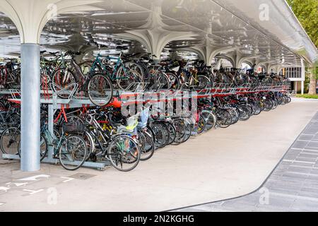 Tagsüber stehen Hunderte von Fahrrädern auf einem überdachten Doppelstockparkplatz vor dem Bahnhof in Nantes, Frankreich, bereit. Stockfoto