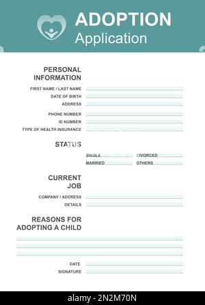 Adoptionsantrag. Fragebogen mit Platz für Antworten Stockfoto