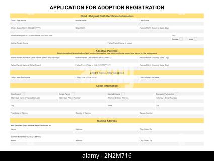 Adoptionsantrag. Fragebogen mit Platz für Antworten Stockfoto