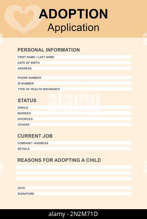 Adoptionsantrag. Fragebogen mit Platz für Antworten Stockfoto