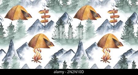 Camping Digitales Papier Reisen nahtlose Muster Landschaft Berg Aquarell Schwarze Menschen Clipart blau Nebel Wald Abenteuer Thema Stockfoto