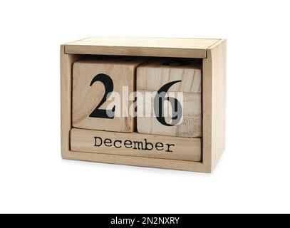 Holzkastenkalender mit Datum am zweiten Weihnachtsfeiertag, isoliert auf Weiß Stockfoto