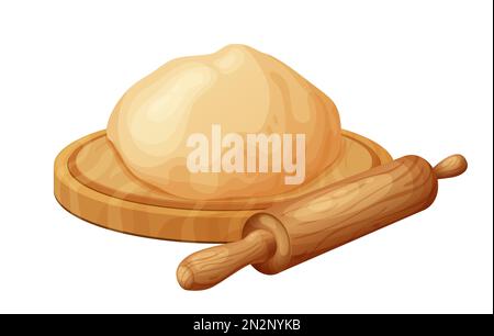 Frischer Rohteig zum Backen. Hausgemachtes, leckeres Brot. Karikatur aus hölzernen Küchen-Rollnadeln. Vektordarstellung für Menü, Café, Restaurant Stock Vektor