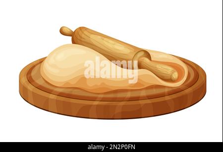 Holzwalzstift mit frischem Rohteig zum Backen. Cartoon hausgemachtes leckeres Brot. Mehl in Schüssel oder Beutel, Bio-Produkt. Vektordarstellung isoliert Stock Vektor