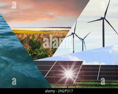 Collage mit Fotos von Wasser, Feld, Sonnenkollektoren und Windturbinen. Alternative Energiequelle Stockfoto