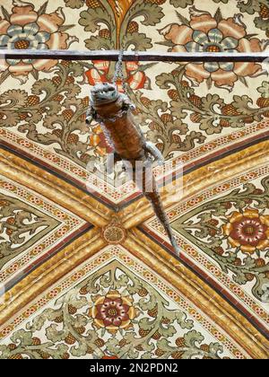 Einbalsamiertes Krokodil, das von der Decke im Heiligtum unserer Lady of Graces in der Nähe von Mantua mit Blick auf den Lake Superior hängt. Stockfoto