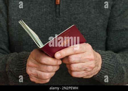 Offener deutscher biometrischer Pass in menschlichen Händen. Nahaufnahme. Stockfoto