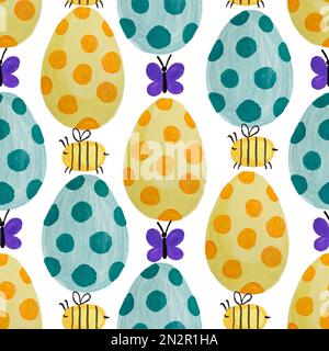 Nahtloses Ostermuster. Eierstruktur. Wasserfarben-Frühlingskunst. Designelemente mit Eiern, Bienen, Schmetterlingen. Farbenfrohe Aquarellabbildung. Stockfoto