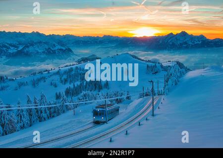 Zugfahrt durch schneebedeckte Winterberge bei Sonnenuntergang, Mt Rigi, Schweiz Stockfoto