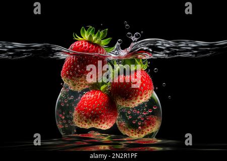 Nahaufnahme von vier Erdbeeren in einer Schüssel mit Wasser Stockfoto