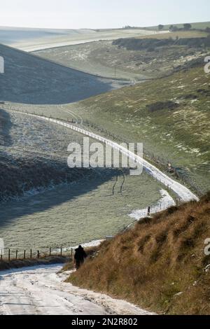 Rolling Hills in Frost entlang der Chydyok Road, Chaldon Herring, Dorset, England, Vereinigtes Königreich, Europa Stockfoto