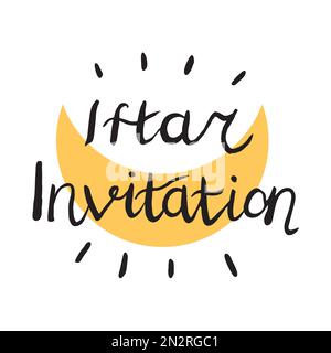 Iftar Invitation Monddoodle Illustration und Kalligraphie. Ramadan-Essenskonzept, muslimisches Familienessen. Stock Vektor