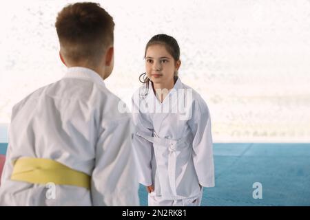 Kinder im Kimono führen Ritualbogen vor Karateübungen auf Tatami im Freien durch Stockfoto