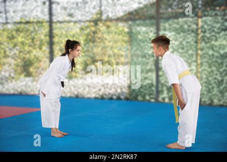 Kinder im Kimono, die vor dem Karate-Training im Outdoor-Gym Ritualbogenritual durchführen Stockfoto