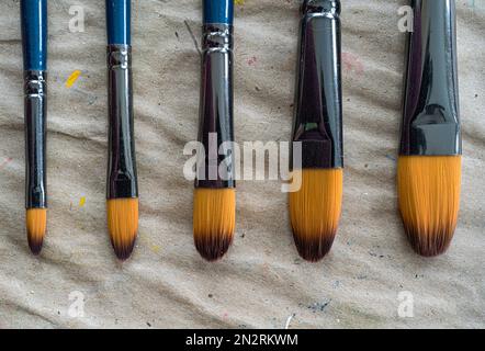 Eine Auswahl an Pinseln mit Filberspitze für Künstler. Stockfoto