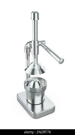 Silberne Zitruspresse auf weißem Hintergrund Stockfoto