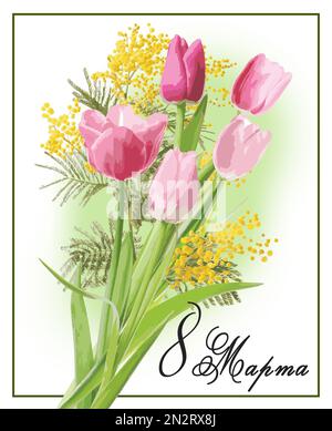 Design der internationalen Frauentagskarte. Blumen und Inschrift 8. März auf Russisch Stockfoto