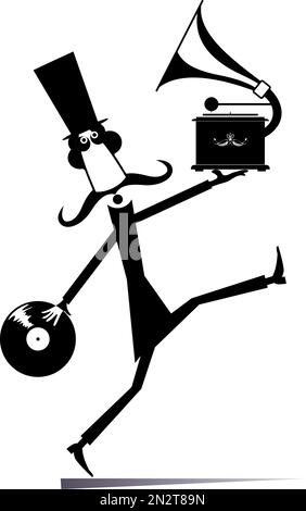 Ein Mann mit langem Schnurrbart im Hut hält eine lange Spielrekord und Grammophon schwarz auf weiß Stock Vektor