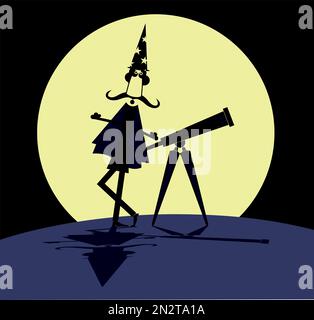 Cartoon-Sternengucker mit Teleskop und Vollmond-Illustration. Lustiger Astronom mit Teleskop und Vollmond auf der Hintergrunddarstellung Stock Vektor