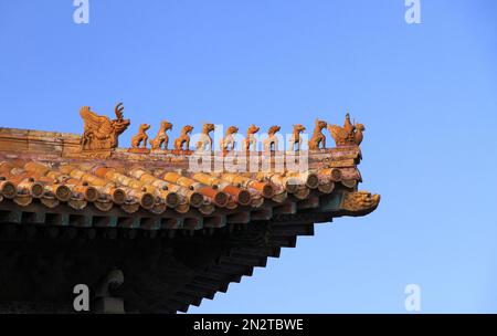 Kaiserliche Dachdekoration von höchstem Status auf dem Dachrücken der Halle der Obersten Harmonie, Verbotene Stadt, Peking, China Stockfoto