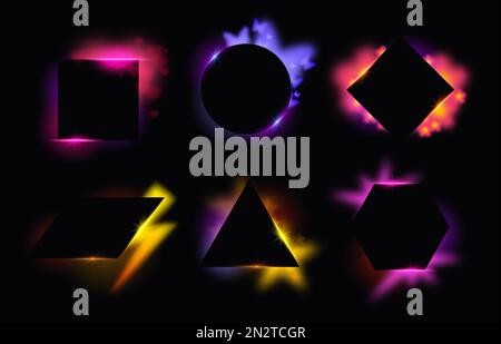 Rahmen mit Hintergrundbeleuchtung. Leuchtende geometrische Formen im Retro-Look, abstrakte Neonrahmen mit Herzen, Schmetterlingen, Sternen und Vektorset für den Blitzschein Stock Vektor