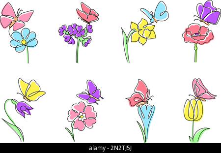 Einzeilige Blumen mit Schmetterlingen. Daffodil und Tulpe mit Schmetterling oben, blühende Blume und minimalistischer Federvektor Stock Vektor