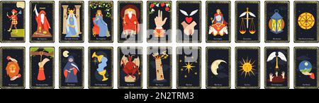 Große Arcana-Tarotkarten. Okkultes Deck für die Enthüllung mit Wagen, Narr, Zauberer und Glücksrad-Vektor-Set Stock Vektor