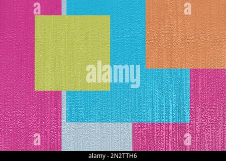 Mehrfarbige Quadrate mit Neontönen auf einer strukturierten Papiertapete. Geometrischer, fröhlicher und heller Hintergrund. Stockfoto