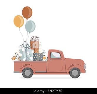 Süße Retro-Pickup-Piste mit Geschenken, Blumen und Ballons. Sonderauslieferung. Valentinstag-, Geburtstags- oder Hochzeitskonzept. Liebe Grüße, Romantik Stock Vektor