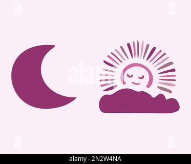 Süße, skurrile Sonne und Mond mit Vektormotiven. Illustration der Nacht-Tag-Himmelskollektion für Kinder Clipart. Stock Vektor