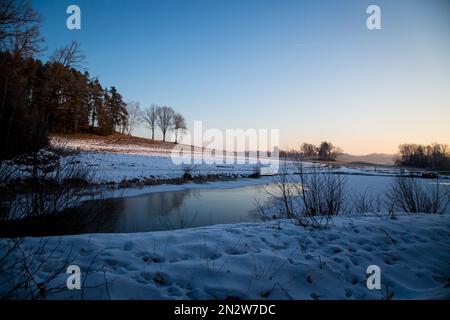 Kleiner eiskalter Karpfenteich an einem kalten Wintermorgen, Waldviertel/Österreich Stockfoto