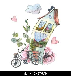 Ein süßes europäisches Haus mit einem Fahrrad, einer Katze, rosa Anemonblüten, Eukalyptuszweigen, Herzen und Wolken. Aquarelldarstellung im Skizzenstil mit Stockfoto