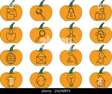 Symbolset mit Benutzeroberflächensymbolen mit orangefarbenen Kürbissen für Halloween- und Thanksgiving-Dekorationen Stock Vektor