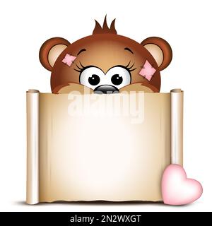 Süßer Bär mit Papierrolle auf weißem Hintergrund. Valentinswagen Stock Vektor