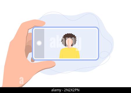 Ein Mann hält ein Telefon in den Händen und macht ein Foto von einem Mädchen. Stock Vektor