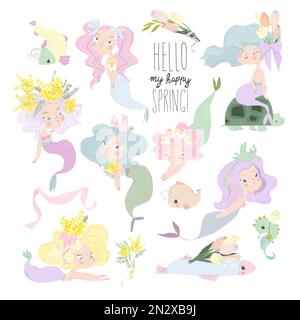 Cartoon-Set mit süßen Meerjungfrauen und Frühlingsblumen Stock Vektor