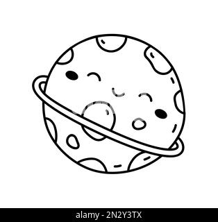 Süßer lächelnder Planet isoliert auf weißem Hintergrund. Handgezeichnete Vektorgrafik im Doodle-Stil. Kawaii-Figur. Perfekt für Dekorationen, Logos, verschiedene Designs. Stock Vektor