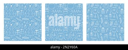 Set mit niedlichen, nahtlosen Xmas Mustern mit Kritzeleien auf blauem Hintergrund. Weihnachtsbäume, Schneemänner, Geschenke, Girlanden und anderes. Handgezeichnete Vektordarstellung. Perfekt zum Einpacken von Papier, Dekorationen und Drucken. Stock Vektor