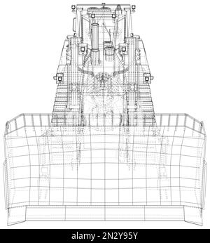 Lader oder Bulldozer. Abbildung des Baggervektors. Drahtmodelllinie isoliert. Vektordarstellung von 3D Stock Vektor