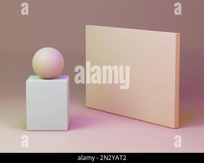 Minimalistischer Raum mit einfachen geometrischen Formen. Digitale Illustration, 3D-Rendering. Stockfoto