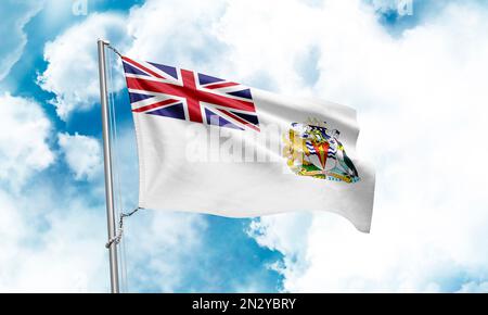 Die Flagge des Britischen Antarktis-Territoriums winkt im Hintergrund des Himmels. 3D-Rendering Stockfoto