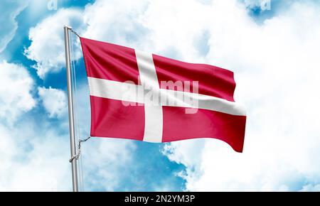 Die dänische Flagge winkt im Hintergrund. 3D-Rendering Stockfoto