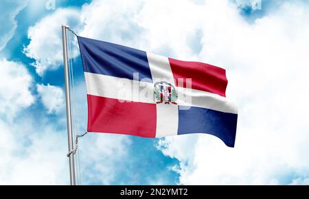 Die Flagge der Dominikanischen Republik winkt im Hintergrund des Himmels. 3D-Rendering Stockfoto