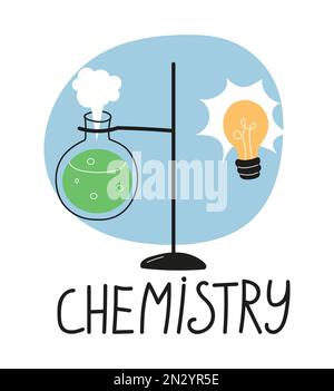 Der Symbolvektor des Chemieunterrichts im Doodle-Stil. Ikonen der Sekundarschule. Zurück zur Schule Aufkleber. Stock Vektor