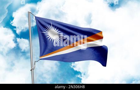 Die Flagge der Marshallinseln winkt auf dem Hintergrund des Himmels. 3D-Rendering Stockfoto