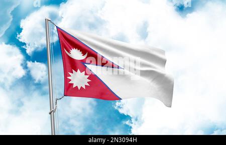 Die nepalesische Flagge winkt auf dem Hintergrund des Himmels. 3D-Rendering Stockfoto