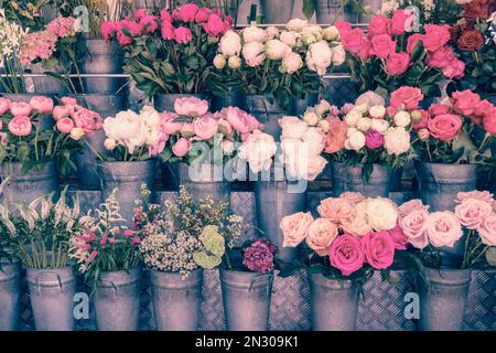 Blumenausstellung mit rosafarbenen Blumen einschließlich Rosen und Pfingstrosen in rustikalen Zinktöpfen Stockfoto